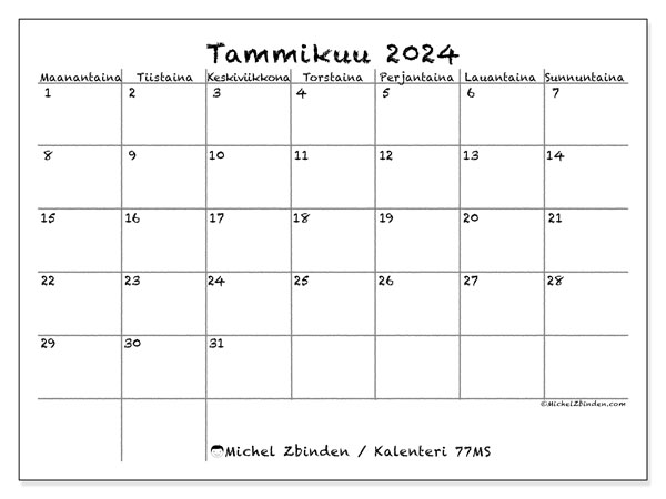 Kalenteri tammikuu 2024 “77”. Ilmainen tulostettava aikataulu.. Maanantaista sunnuntaihin