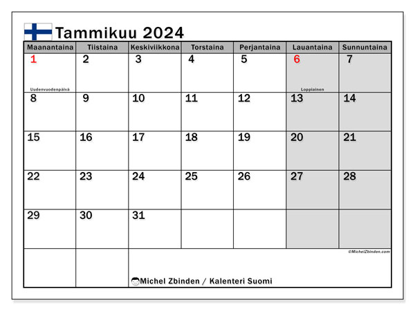 Calendário Janeiro 2024, Finlândia (FI). Horário gratuito para impressão.