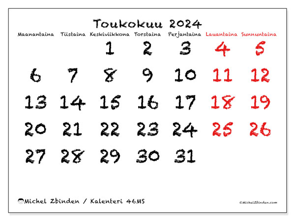 Kalenteri toukokuu 2024 “46”. Ilmainen tulostettava aikataulu.. Maanantaista sunnuntaihin