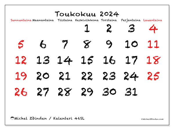 Kalenteri toukokuu 2024 “46”. Ilmainen tulostettava aikataulu.. Sunnuntaista lauantaihin