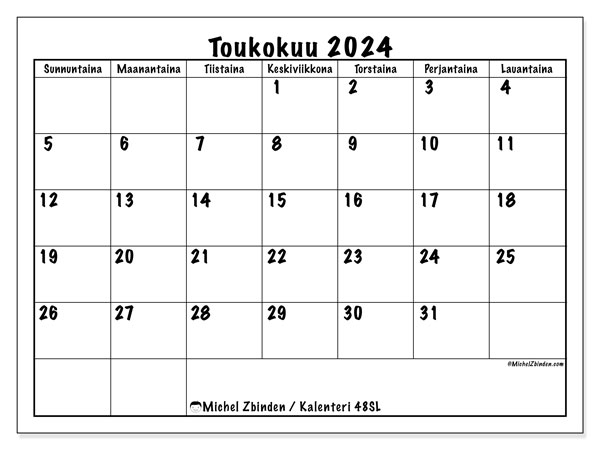 Kalenteri toukokuu 2024 “48”. Ilmainen tulostettava ohjelma.. Sunnuntaista lauantaihin