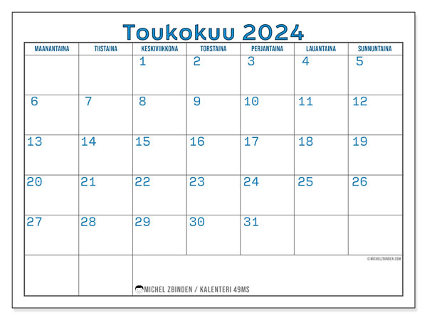 Kalenteri toukokuu 2024 “49”. Ilmainen tulostettava kalenteri.. Maanantaista sunnuntaihin
