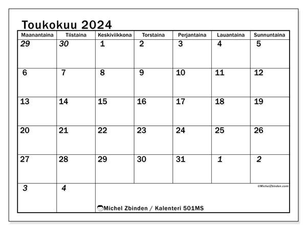 Kalenteri toukokuu 2024 “501”. Ilmainen tulostettava aikataulu.. Maanantaista sunnuntaihin
