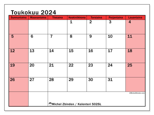 Kalenteri toukokuu 2024 “502”. Ilmainen tulostettava kalenteri.. Sunnuntaista lauantaihin