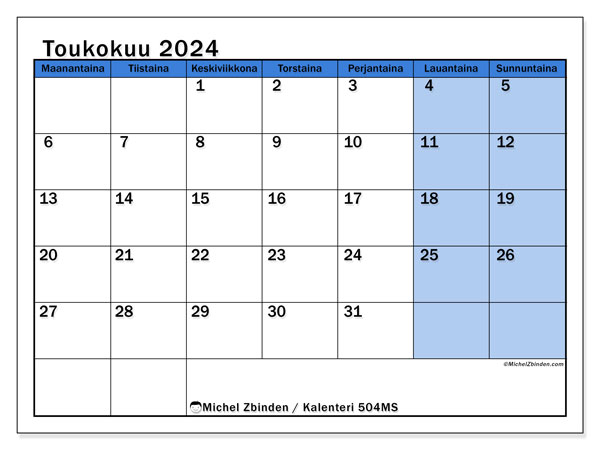 Kalenteri toukokuu 2024 “504”. Ilmainen tulostettava aikataulu.. Maanantaista sunnuntaihin