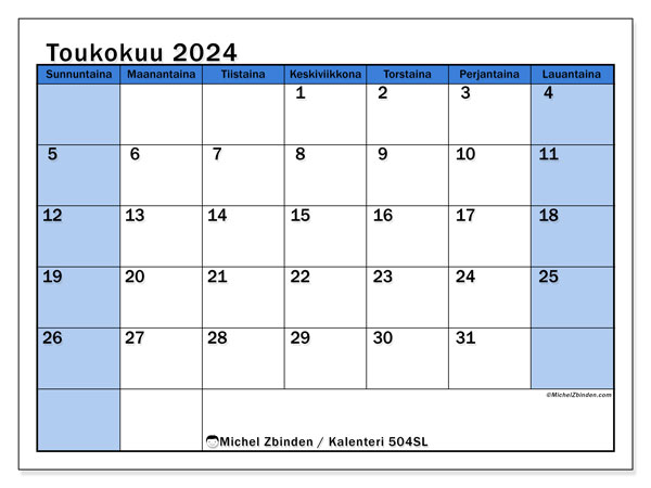 Kalenteri toukokuu 2024 “504”. Ilmainen tulostettava aikataulu.. Sunnuntaista lauantaihin