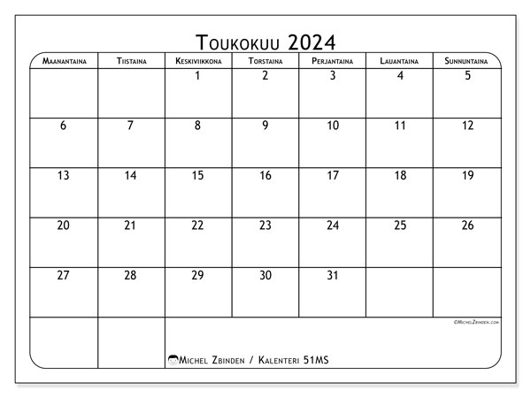 Kalenteri toukokuu 2024 “51”. Ilmainen tulostettava kartta.. Maanantaista sunnuntaihin