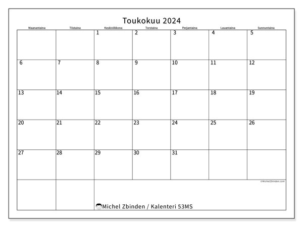 Kalenteri toukokuu 2024 “53”. Ilmainen tulostettava aikataulu.. Maanantaista sunnuntaihin