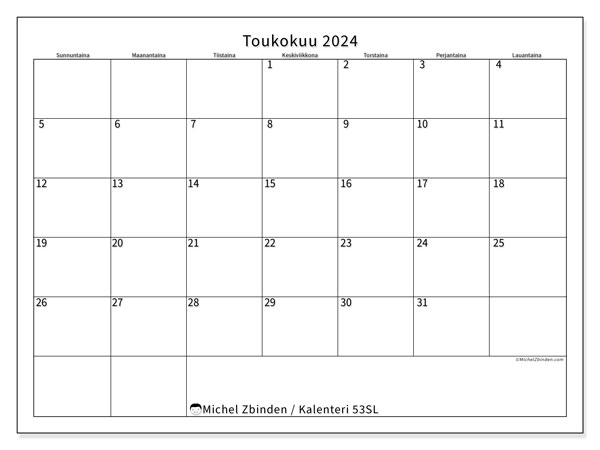 Kalenteri toukokuu 2024 “53”. Ilmainen tulostettava aikataulu.. Sunnuntaista lauantaihin