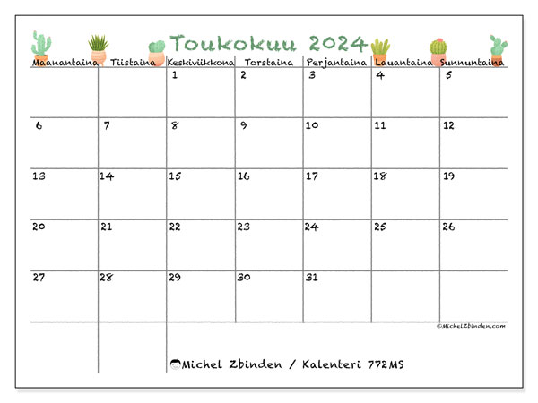 Kalenteri toukokuu 2024 “772”. Ilmainen tulostettava kalenteri.. Maanantaista sunnuntaihin