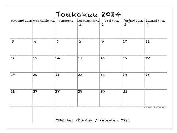 Kalenteri toukokuu 2024 “77”. Ilmainen tulostettava lehti.. Sunnuntaista lauantaihin
