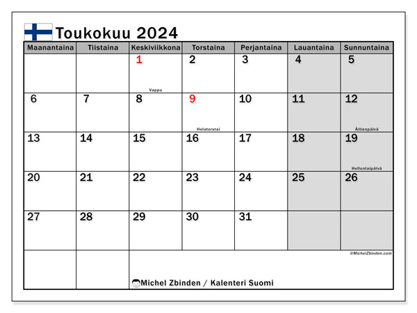 Kalenteri toukokuu 2024 “Suomi”. Ilmainen tulostettava aikataulu.. Maanantaista sunnuntaihin