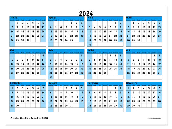 Calendrier annuel 2024 “39”. Programme à imprimer gratuit.. Dimanche à samedi