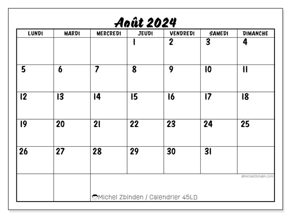 45LD, calendrier août 2024, pour imprimer, gratuit.