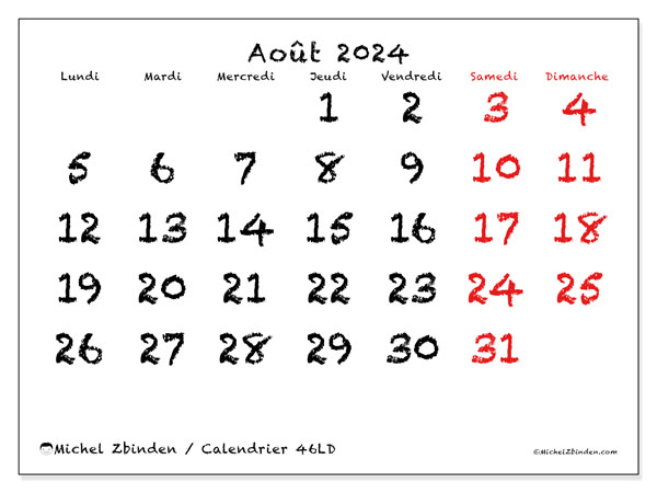 46LD, calendrier août 2024, pour imprimer, gratuit.