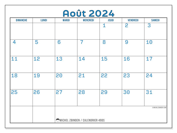 49DS, calendrier août 2024, pour imprimer, gratuit.