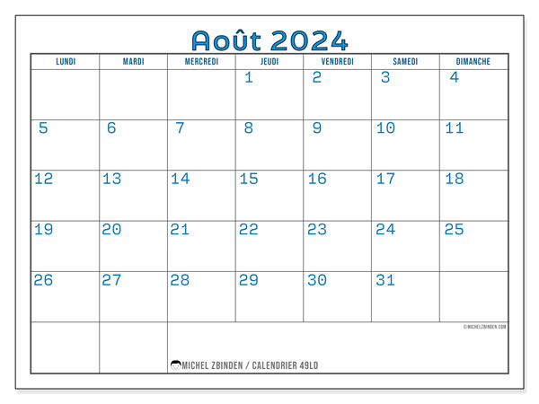 49LD, calendrier août 2024, pour imprimer, gratuit.