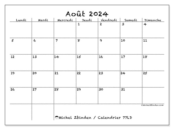 77LD, calendrier août 2024, pour imprimer, gratuit.