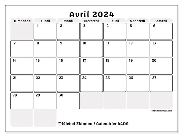 44DS, calendrier avril 2024, pour imprimer, gratuit.