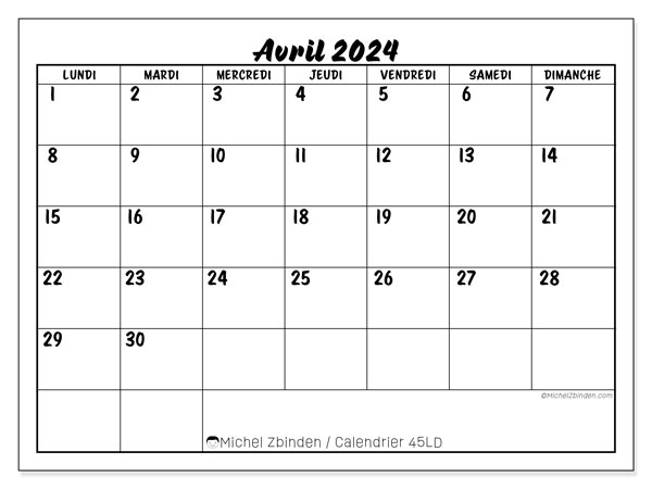Calendrier avril 2024, 45DS. Planning à imprimer gratuit.