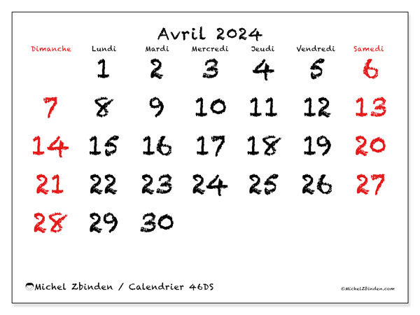 Calendrier à imprimer, avril 2024, 46DS