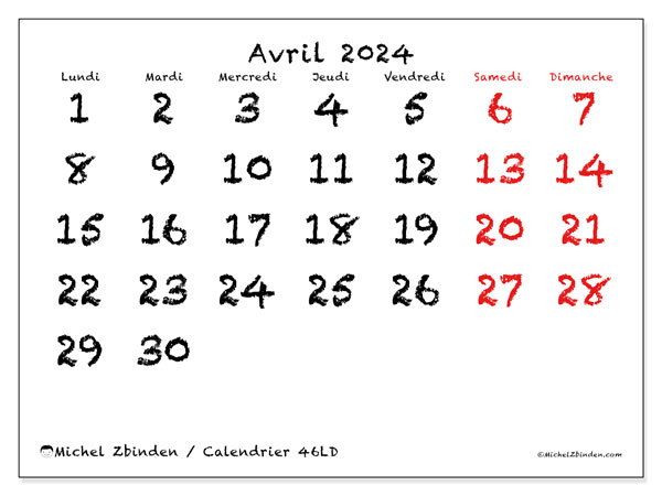 Calendrier avril 2024, 46LD. Planning à imprimer gratuit.