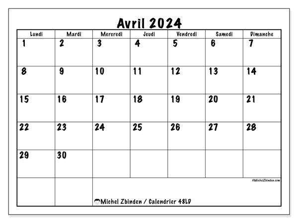 Calendrier avril 2024, 48DS. Planning à imprimer gratuit.