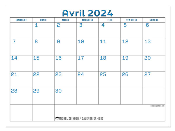 49DS, calendrier avril 2024, pour imprimer, gratuit.