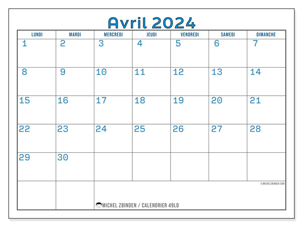 Calendrier avril 2024, 49DS. Planning à imprimer gratuit.
