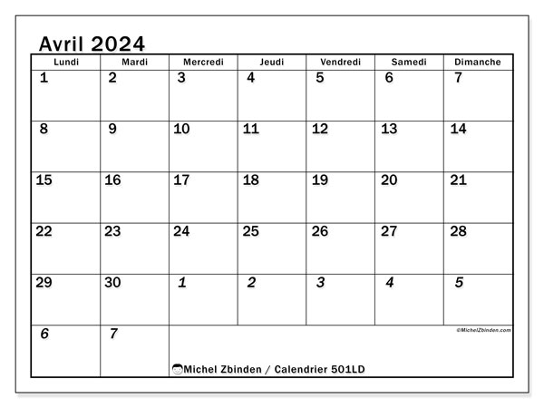 Calendrier avril 2024, 501DS. Planning à imprimer gratuit.
