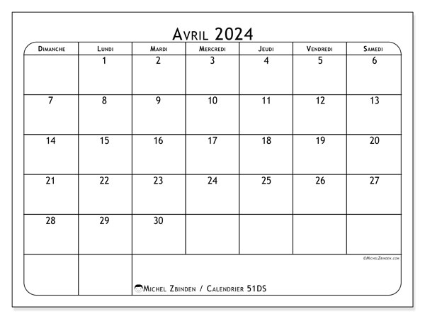 51DS, calendrier avril 2024, pour imprimer, gratuit.