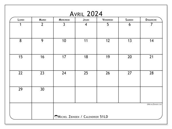 Calendrier avril 2024, 51DS. Planning à imprimer gratuit.