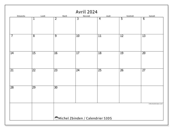 Calendrier à imprimer, avril 2024, 53DS