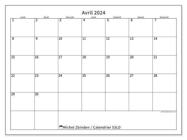 Calendrier avril 2024, 53LD. Planning à imprimer gratuit.