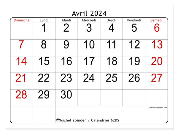 62DS, calendrier avril 2024, pour imprimer, gratuit.