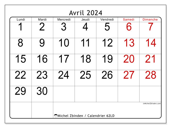 62LD, calendrier avril 2024, pour imprimer, gratuit.