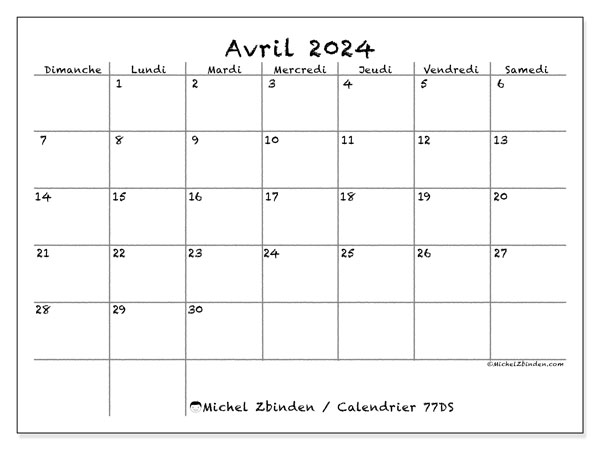Calendrier avril 2024, 77DS. Planning à imprimer gratuit.