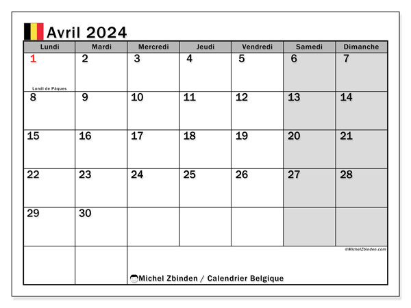 Calendario abril 2024, Bélgica (FR). Programa para imprimir gratis.
