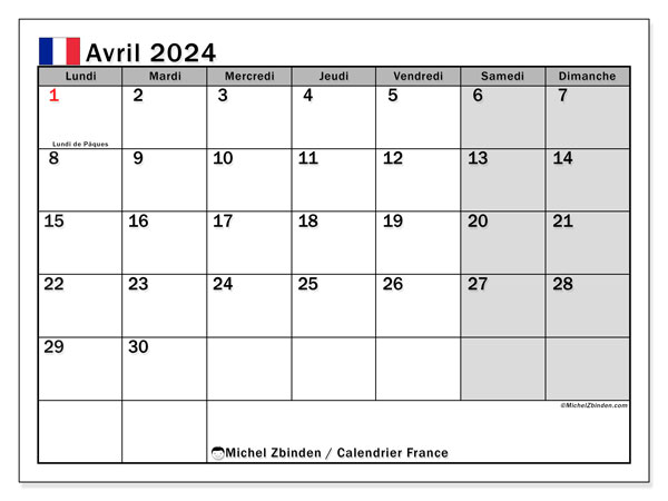 Calendário Abril 2024, França (FR). Horário gratuito para impressão.