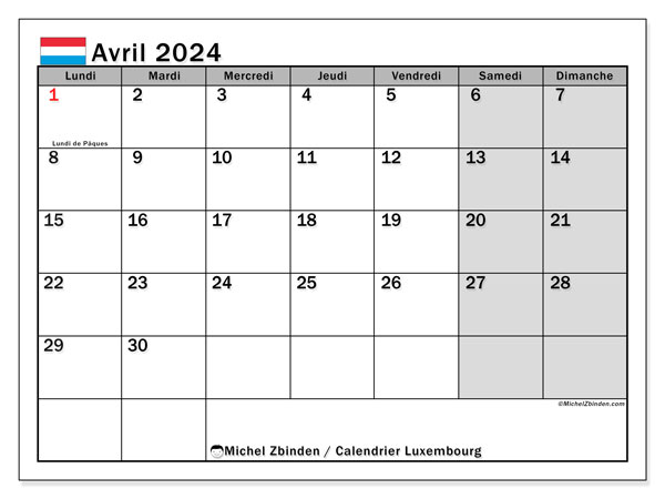 Calendario aprile 2024, Lussemburgo (FR). Orario da stampare gratuito.
