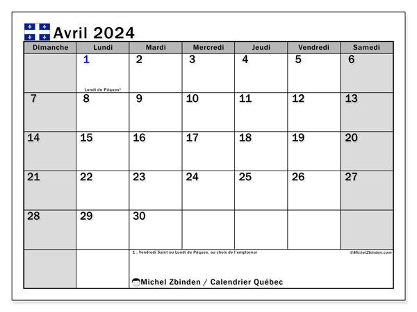 Kalender april 2024, Quebec (FR). Gratis kalender som kan skrivas ut.