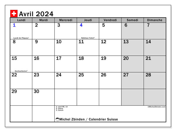 Kalendarz kwiecień 2024, Szwajcaria (FR). Darmowy plan do druku.