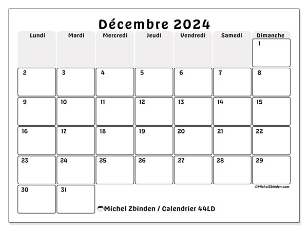 44LD, calendrier décembre 2024, pour imprimer, gratuit.