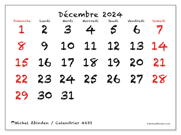 46DS, calendrier décembre 2024, pour imprimer, gratuit.