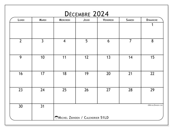 Calendrier à imprimer, décembre 2024, 51LD