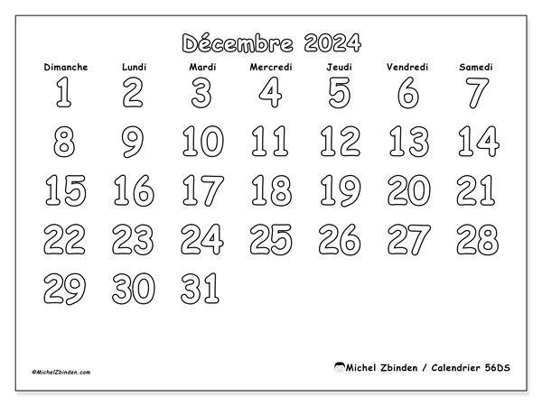 Calendrier décembre 2023 “56”. Calendrier à imprimer gratuit.