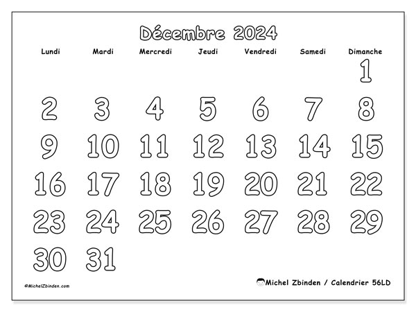 56LD, calendrier décembre 2024, pour imprimer, gratuit.