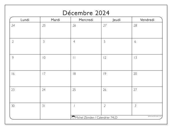 Calendrier décembre 2023 “74”. Calendrier à imprimer gratuit.
