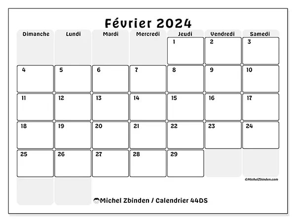 Calendrier février 2024, 44DS. Planning à imprimer gratuit.