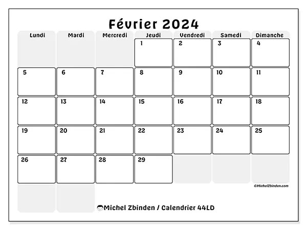 Calendrier février 2024 “44”. Calendrier à imprimer gratuit.